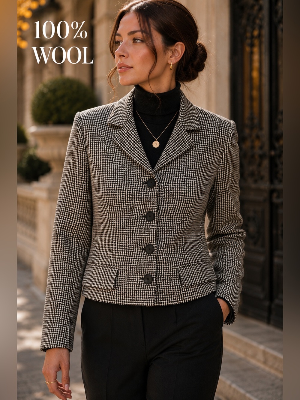 Harvé Benard Vintage 100% Wool Houndstooth Blazer Jacket Size 10 Made in Ukraine